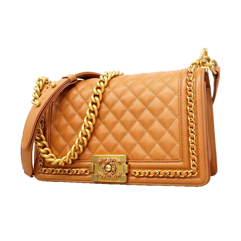Chanel Boy Chain Shoulder Bag, Caviar Leather, Brown, Women's OP015614